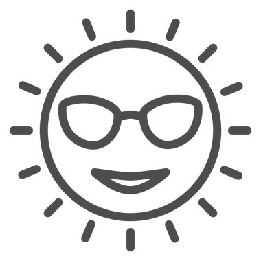 Gözlük çizgisi ikonlu güneş, deniz gezisi konsepti, beyaz arka planda gülümseyen güneşli yüz işareti, mobil konsept ve web tasarımı için ana hatları belirlenmiş sevimli güneş simgesi. Vektör grafikleri.