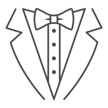 Smokin, ince çizgi ikonu, deniz gezisi konsepti, beyaz arka planda beyefendi resmi akşam yemeği ceketi tabelası, smokin ve mobil konsept ve web tasarımı için tasarım tarzında papyon ikonu. Vektör grafikleri.