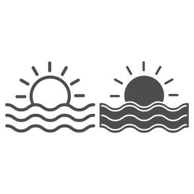 Güneş ve deniz dalgaları hattı ve katı ikon, Deniz seyahati konsepti, beyaz arka planda günbatımı işareti, mobil konsept ve web tasarımı için ana hatlar şeklinde güneş ve dalga ikonu. Vektör grafikleri.