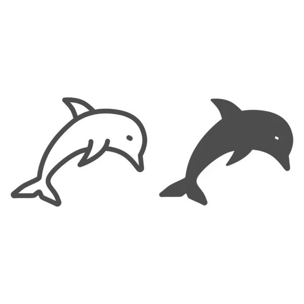 Dolphin linka a pevná ikona, mořský život koncept, podvodní svět znamení na bílém pozadí, skákání delfín ikátní ikona v obrysu stylu pro mobilní koncept a web design. Vektorová grafika. — Stockový vektor