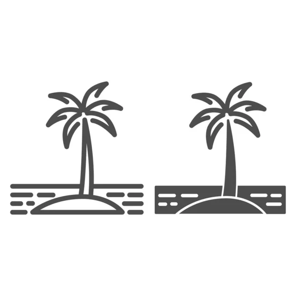 Línea de la isla e icono sólido, concepto de crucero por el mar, silueta de palmeras en el letrero de playa sobre fondo blanco, isla tropical con icono de palmeras en estilo de esquema para el diseño móvil y web. Gráficos vectoriales. — Vector de stock