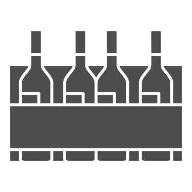 Şarap şişeleri, katı ikon, şarap festivali konsepti, beyaz arka planda imza atma ihtimaline karşı şarap şişeleri, cep telefonu ve internet için ahşap sandıkta alkol ikonu. Vektör grafikleri.