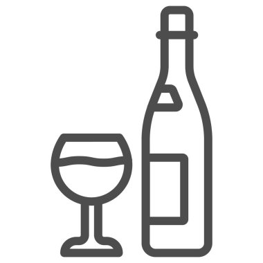 Şarap markası ikonu, şarap festivali konsepti, beyaz arka planda kutlama tabelası için alkollü içecek, ana hatlarıyla belirlenmiş bir şişe şarap ve şarap kadehi ikonu. Vektör grafikleri.