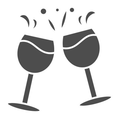 Şarap ikonu, şarap festivali konsepti, beyaz arka planda kutlama tostu, cep telefonu için glifli şampanya kadehleri. Vektör grafikleri.