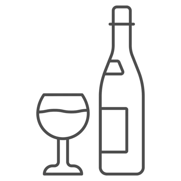 Fles en glas wijn dunne lijn icoon, Wijnfestival concept, Alcoholische drank voor viering teken op witte achtergrond, Fles wijn en wijnglas icoon in outline stijl. vectorgrafieken. — Stockvector