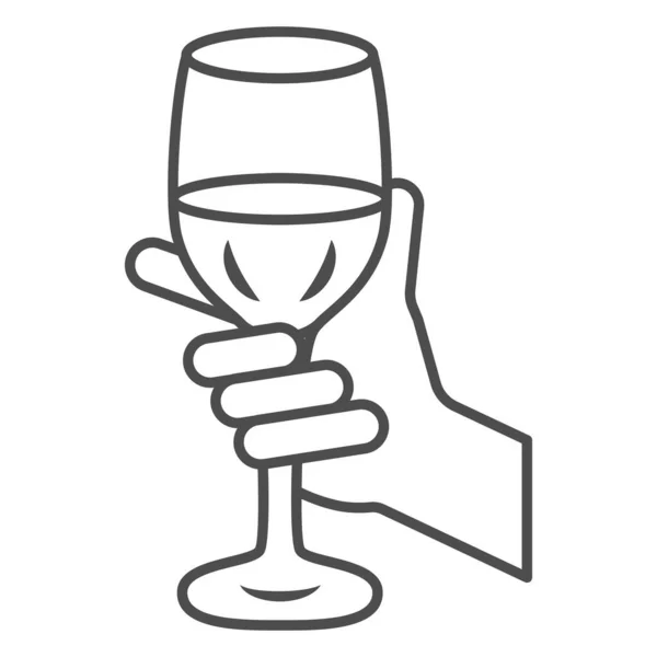 Bicchiere di vino in mano icona linea sottile, Concetto di festa del vino, Bicchiere di vino in persona segno di palma su sfondo bianco, mano che tiene il bicchiere con icona bevanda in stile contorno. Grafica vettoriale. — Vettoriale Stock