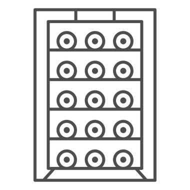 Şarap şişeleri, ince çizgi ikonu, şarap festivali konsepti beyaz arka planda raf tabelasında alkollü içecekler, mobil ve web için taslak şeklinde şarap mahzeni ikonu. Vektör grafikleri.