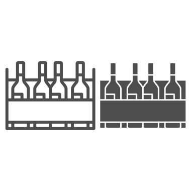 Şarap şişeleri hattı, sağlam bir ikon, şarap festivali konsepti beyaz arka planda imzalanırsa diye şarap şişeleri ahşap sandıkta alkollü içecek mobil ve internet için taslak tarzında. Vektör grafikleri.