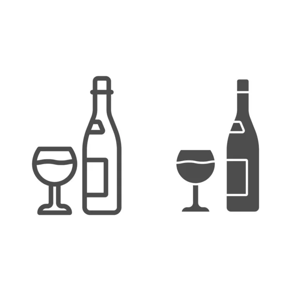 Bottiglia e bicchiere di linea di vino e icona solida, Concetto di festa del vino, Bevanda alcolica per la celebrazione segno su sfondo bianco, Bottiglia di vino e icona di vetro in stile contorno. Grafica vettoriale. — Vettoriale Stock
