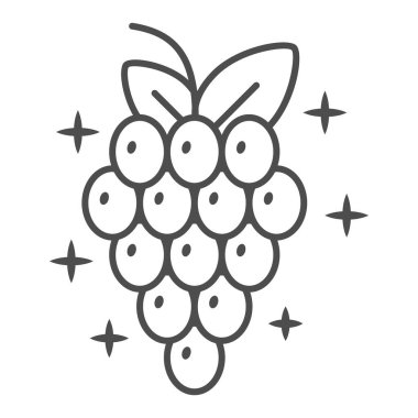 Bir sürü ince üzüm çizgisi ikonu, şarap festivali konsepti, beyaz arka planda şarap üzümü tabelası, mobil konsept ve web tasarımı için ana hatlı yaprak ikonu olan üzüm üzümü. Vektör grafikleri.