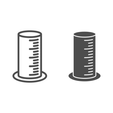 Mezuniyet matarası çizgisi, katı ikon, şarap festivali konsepti, beyaz arka planda ölçü camı tabelası, mobil ve web için ana hatlı silindir ikonu. Vektör grafikleri.