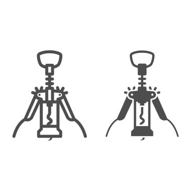 Otomatik tirbuşon hattı ve katı ikon, şarap festivali konsepti, beyaz arka planda şişe açacağı tabelası, mobil konsept ve web tasarımı için ana hatlarda tirbuşon simgesi. Vektör grafikleri.
