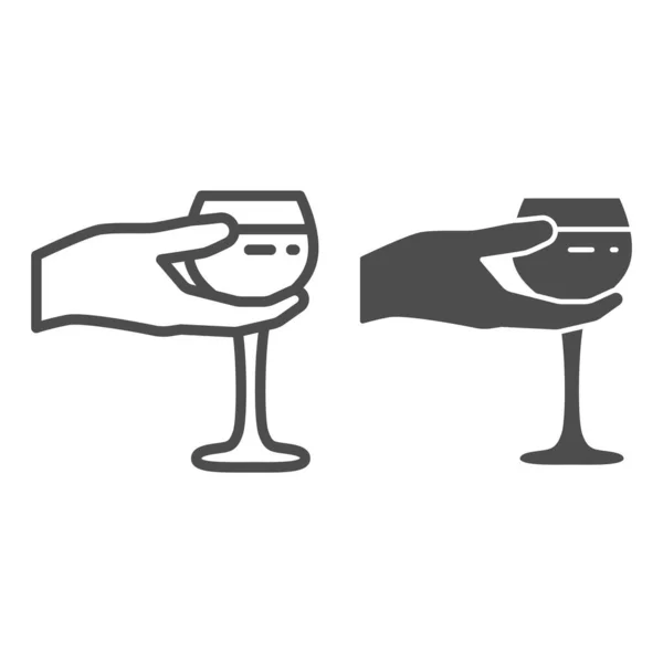 Wijnglas in handlijn en stevig icoon, Wijnfestival concept, Glas wijn in palm teken op witte achtergrond, Hand holding glas icoon in outline stijl voor mobiele en web design. vectorgrafieken. — Stockvector