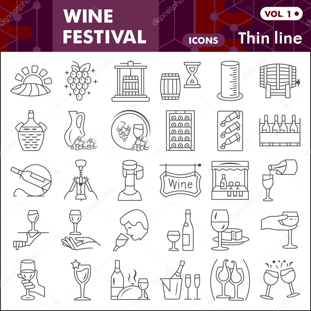 Wine festival thin line icon set, Grape cultivation and sale symbols collection or sketches. Winery linear style signs for web and app. Vector graphics isolated on white background.