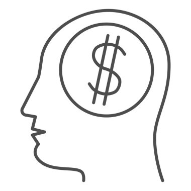 İnsan aklı ince çizgi ikonu, finans konsepti, beyaz arka plandaki para işaretini düşünmek, dolar ikonu olan iş adamı kafası, mobil tasarım için taslak tarzı. Vektör grafikleri.