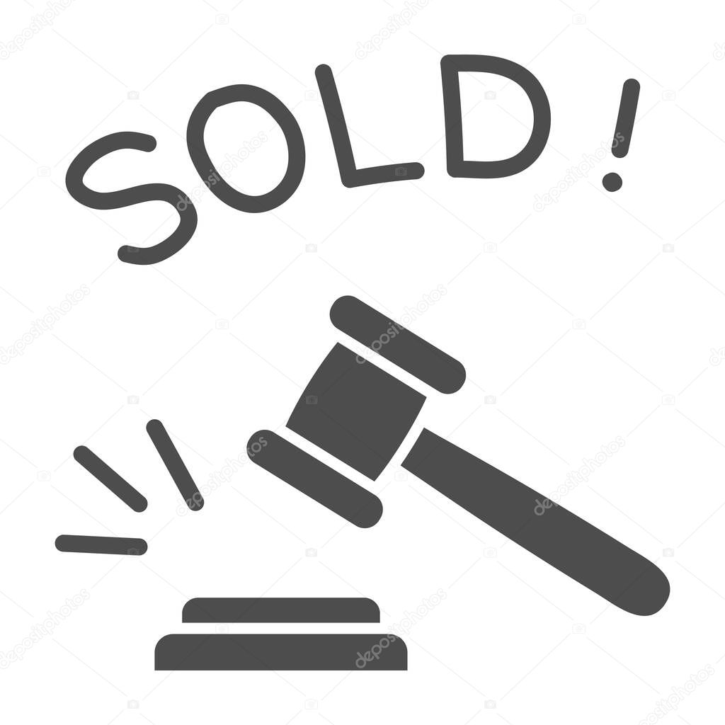 Auction hammer with sold text solid icon, finance concept, hitting wooden gavel in auction sign on white background, hammer and word sold icon in glyph style. Vector graphics