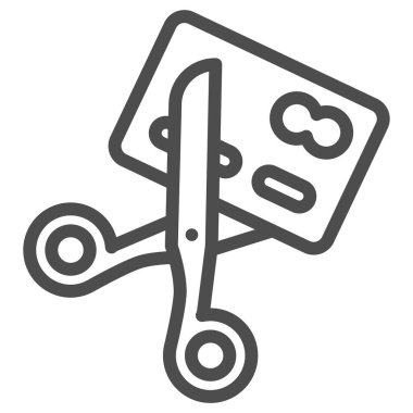 Makas hattı ikonlu banka kartı, ekonomik yaptırımlar konsepti, beyaz arka planda pasifleştirme kartı tabelası, kredi kartı simgesini ana hatlarıyla kesen makas. Vektör grafikleri.