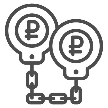 Ruble kelepçe çizgisi ikonu, ekonomik yaptırım konsepti, Ruble 'lar beyaz arka planda prangalı tabela, Rus rublesi yaptırım altında mobil ve internet için taslak şeklinde simge. Vektör grafikleri.