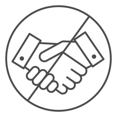 Yasak el sıkışma, ince çizgi ikonu, ekonomik yaptırımlar konsepti, beyaz arka planda el sıkışma işareti yok, mobil ve web için ana hatlarda işbirliği simgesi yok. Vektör grafikleri.