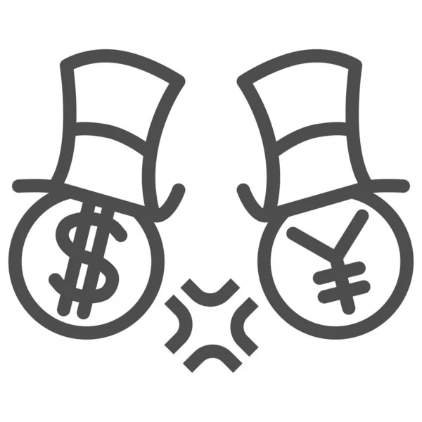ドルと円の紛争ラインのアイコン、経済制裁の概念、白い背景に帽子の競争通貨、円とドルの戦いのアイコンのアウトラインスタイルのシンボル。ベクトルグラフィックス. — ストックベクタ