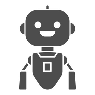 Neşeli uçan robot katı ikonu, robotizasyon konsepti, beyaz arka planda robot oyuncak tabelası, mobil konsept ve web tasarımı için glifli uçan robot sohbet robotu ikonu. Vektör grafikleri.
