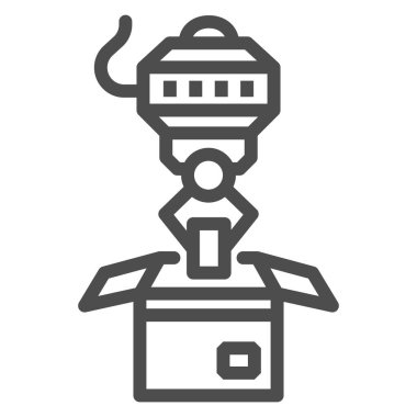 Robot yükleme çizgisi ikonu, robot doldurma konsepti, beyaz arka planda robotik ambalaj tabelası, mobil ve web tasarımı için taslak biçimli endüstriyel mekanik robot kolu ikonu. Vektör grafikleri.