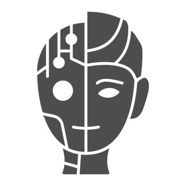 Robot adam simgesi, robot ikonu, robot konsepti, beyaz arka planda Nöro Arayüzü işareti, mobil konsept ve web tasarımı için glifli biyonik siborg yüz simgesi. Vektör grafikleri.