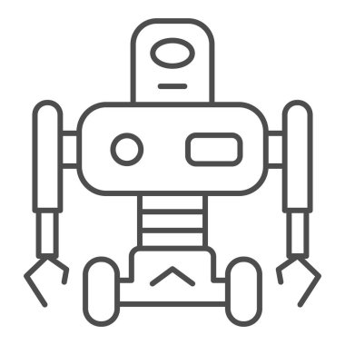 Tekerlek üzerinde ince çizgili robot, robot çizgisi konsepti, beyaz arka planda robotik insansı tabela, mobil ve web tasarımı için ana hatlarda tekerlek ikonu olan elektronik robot. Vektör grafikleri.