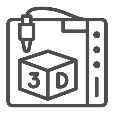 3D yazıcı çizgisi simgesi, robotizasyon konsepti, beyaz arkaplanda hazır küp ürün işareti olan yazdırma süreci, mobil ve web için ana hatlı yazdırma makinesi simgesi. Vektör grafikleri.
