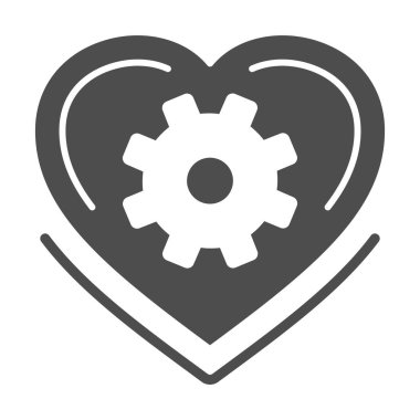 Mekanik kalp katı ikonu, robotizasyon konsepti, beyaz arka planda aşk mekanizması işareti, mobil konsept ve web tasarımı için sembol içinde vites olan kalp. Vektör grafikleri.