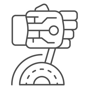 Robot el ince çizgi simgesini, robot el işaretini, beyaz arka planda robotik el işaretini açar. Robot kol, mobil tasarım için ana hatlar şeklinde voltaj ikonunu açar. Vektör grafikleri.