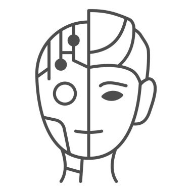 Robot adam ince çizgi ikonu, robot çizim konsepti, beyaz arka planda nöro arayüz işareti, mobil konsept ve web tasarımı için taslak biçimli dijital biyonik siborg yüz ikonu. Vektör grafikleri.