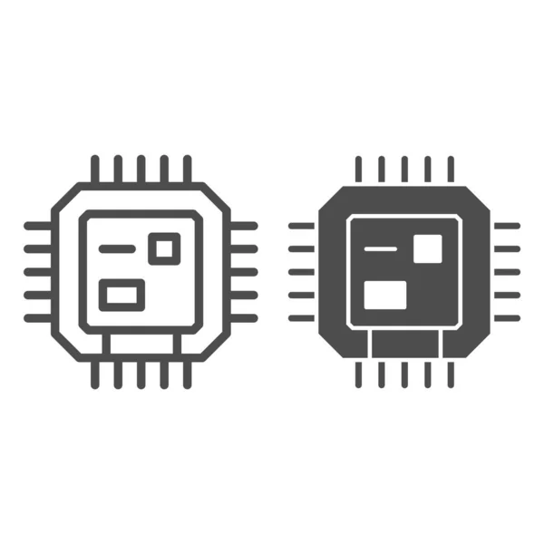 Ligne centrale de traitement et icône solide, concept de robotisation, panneau CPU sur fond blanc, puce d'ordinateur ou icône de micropuce dans le style de contour pour le concept mobile et la conception Web. Graphiques vectoriels. — Image vectorielle