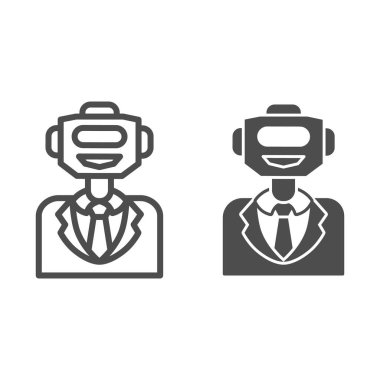 Takım elbiseli robot ve sağlam bir ikon, robot robotlaştırma konsepti, beyaz arka planda bot kişisel iş yardımcısı tabelası, mobil ve web tasarımı için taslak tarzında robot giyimi ikonu. Vektör grafikleri.