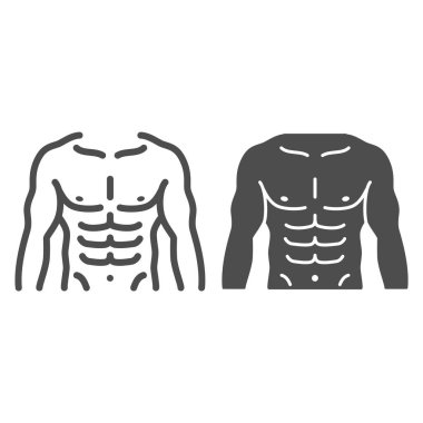 Erkek güçlü gövde çizgisi ve katı ikon, spor salonu konsepti, beyaz arka planda erkek göğüs işareti, mobil konsept ve web tasarımı için taslak biçimli kaslı güçlü erkek ikonu. Vektör grafikleri.