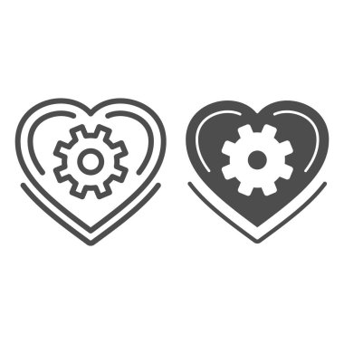 Mekanik kalp çizgisi ve katı ikon, robotizasyon konsepti, beyaz arka planda aşk mekanizması işareti, mobil konsept ve web tasarımı için ana hatları içinde vites olan kalp. Vektör grafikleri.