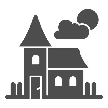 Terk edilmiş eski ev katı ikonu, cadılar bayramı konsepti, beyaz arka planda dolunay işareti olan ev, mobil konsept ve web tasarımı için kabartma tarzı korkunç cadılar bayramı ikonu. Vektör grafikleri.