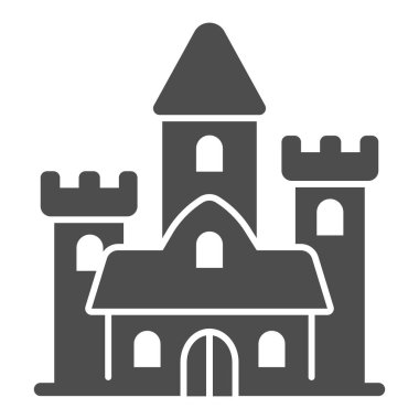 Ortaçağ kalesi katı ikonu, peri masalları konsepti, beyaz arka planda saray tabelası, mobil konsept ve web tasarımı için gotik konak ikonu. Vektör grafikleri.