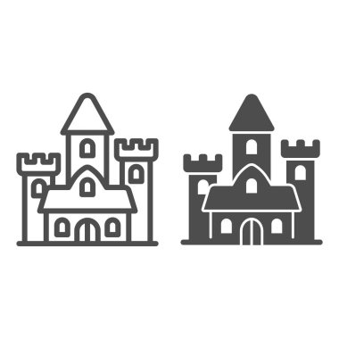 Ortaçağ kale hattı ve katı ikon, peri masalları konsepti, beyaz arka planda saray tabelası, mobil konsept ve web tasarımı için ana hatlı gotik konak ikonu. Vektör grafikleri.