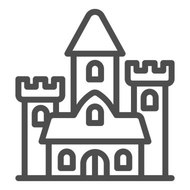 Ortaçağ kale çizgisi ikonu, peri masalları konsepti, beyaz arka planda saray tabelası, mobil konsept ve web tasarımı için ana hatlı gotik konak ikonu. Vektör grafikleri.