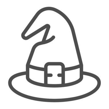 Cadı şapkası çizgisi ikonu, cadılar bayramı konsepti, beyaz arka planda sihirli şapka işareti, mobil konsept ve web tasarımı için ana hatlı sihirbaz şapkası ikonu. Vektör grafikleri.