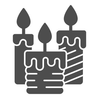 Üç yanan mum katı ikon, aydınlatma kavramı, beyaz arka planda mum işareti, mobil konsept ve web tasarımı için balmumu ikonu. Vektör grafikleri.