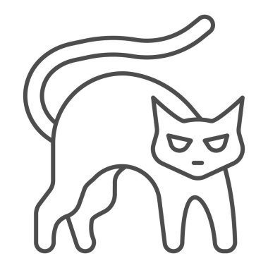 Sırtı kemerli ince çizgi ikonu, cadılar bayramı kavramı, beyaz arka planda tıslayan kedi işareti, mobil konsept ve web tasarımı için kötü şans sembolü ikonu olan kara kedi. Vektör grafikleri.