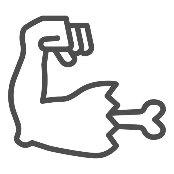 Schwerer Athletenarm mit abstehendem Liniensymbol aus Knochen, Halloween-Konzept, Zombie-gebrochenes Handzeichen auf weißem Hintergrund, Frankenstein-Handsymbol im Outline-Stil für Webdesign. Vektorgrafik. — Stockvektor