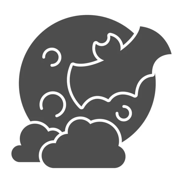 Morcego com nuvens de lua cheia ícone sólido, conceito halloween, lua grande e sinal flittermouse no fundo branco, moscas de morcego no céu no ícone da noite no estilo glifo para web design. Gráficos vetoriais. — Vetor de Stock
