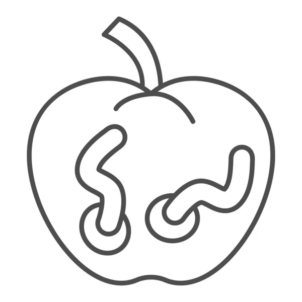 Mela con worm icona linea sottile, concetto di Halloween, segno di frutta marcia su sfondo bianco, icona di mela wormy viziato in stile contorno per il concetto di mobile e web design. Grafica vettoriale. — Vettoriale Stock
