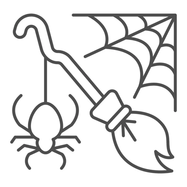 Cobweb med spindel och kvast tunn linje ikon, halloween koncept, häxa attribut underteckna på vit bakgrund, besom i webb ikon i kontur stil för mobila koncept och webbdesign. Vektorgrafik. — Stock vektor