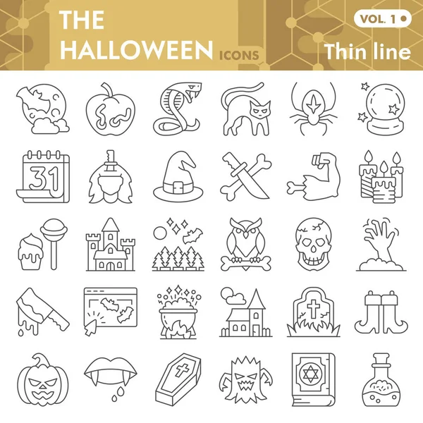 Halloween tenké čáry ikony sada, magické atributy sbírka nebo náčrty. Halloween party dekorace lineární styl značky pro web a aplikaci. Vektorová grafika izolovaná na bílém pozadí. — Stockový vektor