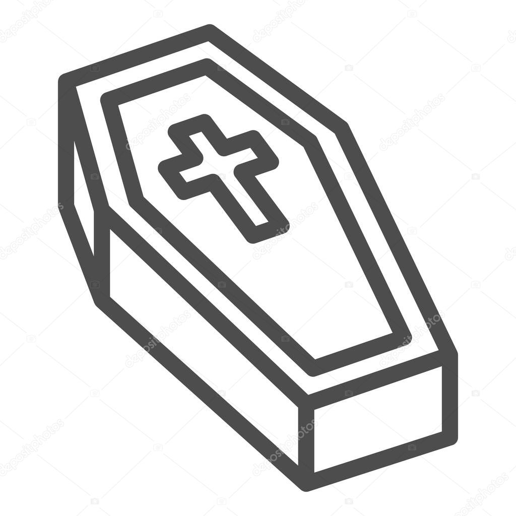 Coffin with cross line icon, halloween concept, coffin sign on white background, dracula bed icon in outline style for mobile concept and web design. Vector graphics