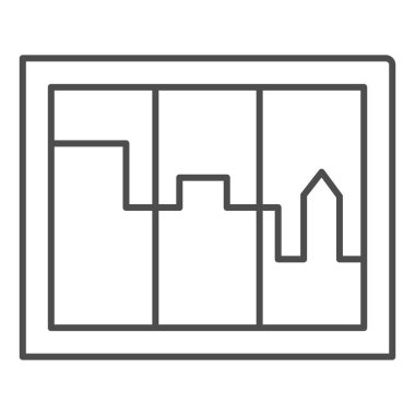 Şehir manzarası pencere ince çizgi simgesi, iç tasarım konsepti, beyaz arka planda kaplama tabelası, taşınabilir konsept için ana hatlara bakan ev simgesi. Vektör grafikleri.